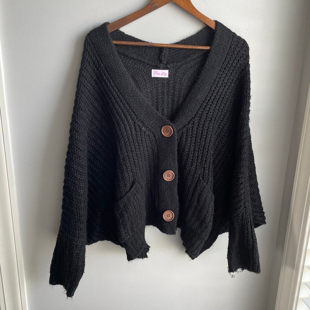 Pink Lily Sundown Awaits Knit Cardigan Chunky Black sz M